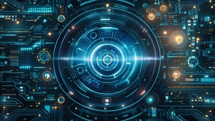 Poster - This Blue and black background with futuristic circles and glowing lights.