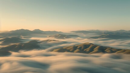 Wall Mural - Rolling hills covered in a blanket of morning fog, with only the peaks visible above the mist. 8k, realistic, full ultra HD, high resolution and cinematic photography