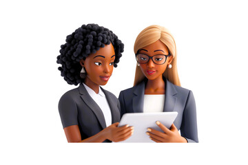 Poster - 3d cartoon two businesswoman they're see data digital paper from a tablet on transparent background. Generative ai illustration.