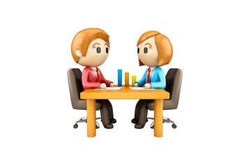 Poster - 3d cartoon two business people talk to a detail of business and show a graph income on transparent background. Generative ai illustration.