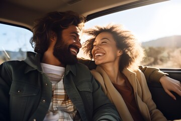 A happy couple on a road trip, smiling inside a car