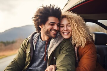 A happy couple on a road trip, smiling