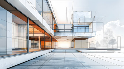 Poster - A modern architectural rendering of a building with large windows and a balcony.