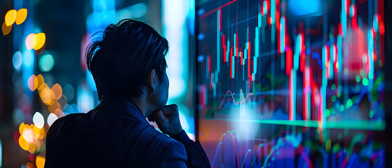 Poster - A man in a suit looks at a screen with data, lights, and charts.