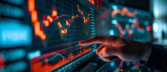 Poster - A hand points to a screen displaying a stock market chart.