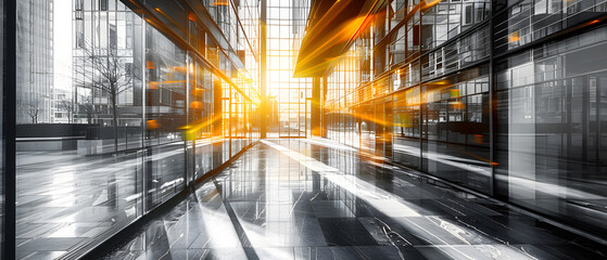 Poster - A modern glass building with an abstract design, the reflection of the sun creating streaks of light through the space.