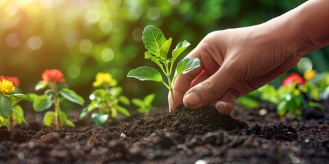 Poster - Hand planting a seedling into rich, dark soil in a sunny garden, AI-generated.