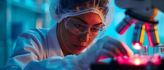 Poster - A female scientist wearing a lab coat and goggles looks intently through a microscope.