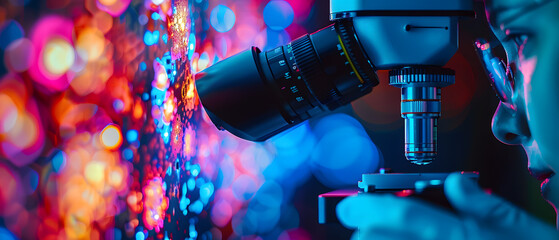Poster - A scientist leans in to observe a specimen under a powerful microscope, illuminated by a vibrant rainbow of lights.