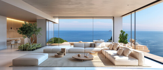 Stylish living room with minimalist style, expansive sea views, sleek furniture, 3D render for advertising posters