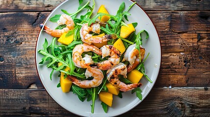 Arugula salad with grilled shrimp and mango on a white plate. Top view food photography. Healthy eating and fresh ingredients concept for design and print.