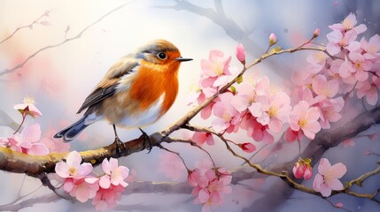 Naklejka na meble A vibrant red-breasted bird perched on a cherry blossom tree branch against a soft pastel background in this beautiful, nature-inspired photo.