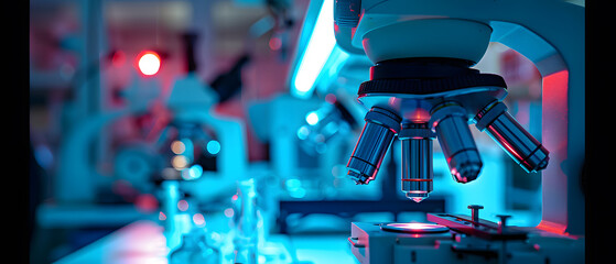 Poster - A microscope stands illuminated in a darkened lab, hinting at ongoing scientific research.