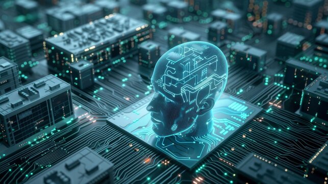 Futuristische Visualisierung eines großen Krankenhauskomplexes, der auf einem fiktiven Computerchip mit komplizierten Schaltkreisen steht. Sinnbild für die transformative Leistungserbringung von KI.