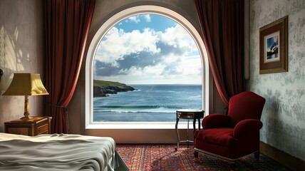 Wall Mural - A bedroom with a red chair and a window overlooking the ocean