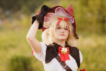 a girl in a suit from the game, filmed in nature with a sunset background light