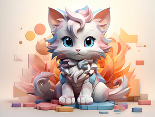 Sticker - Cute cartoon cat with blue eyes and pink hair sitting on the ground surrounded by geometric shapes