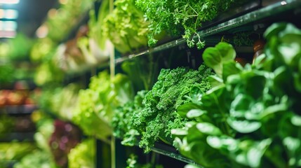 Wall Mural - Mass production of green vegetables in a controlled environment on a modern vertical farm. Automated room with controlled levels of air temperature, light, water and humidity for optimal growth