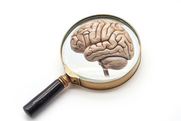 Concept image featuring a realistically detailed human brain under a magnifying glass isolated on a white background, symbolizing examination, analysis, intelligence, and cognition studies