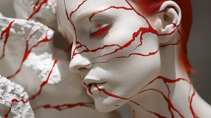 Wall Mural - Close-up of a woman's face with red paint resembling veins, creating a dramatic and artistic effect.