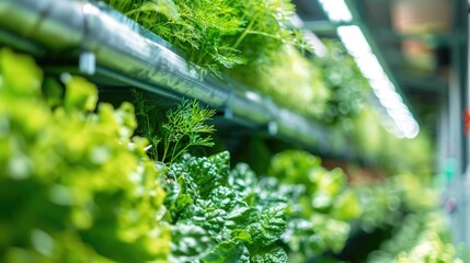Wall Mural - Mass production of green vegetables in a controlled environment on a modern vertical farm. Automated room with controlled levels of air temperature, light, water and humidity for optimal growth