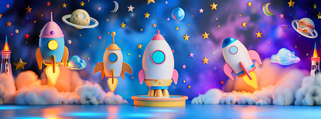 Wall Mural - rockets launching into a starry night sky