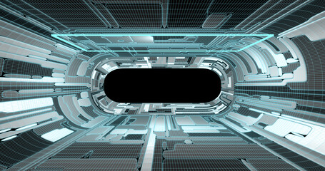 Poster - Futuristic low poly sci-fi laboratory or spaceship corridor with neon light. Vector illustration
