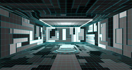 Poster - Futuristic low poly sci-fi laboratory or spaceship corridor with neon light. Vector illustration