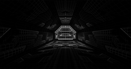 Poster - Futuristic low poly sci-fi laboratory or spaceship corridor with neon light. Vector illustration
