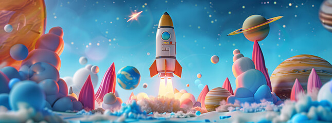 Wall Mural - rocket ship launching into space with planets and stars in the background