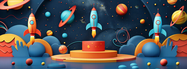 Wall Mural - rockets launching into space with planets and stars in the background