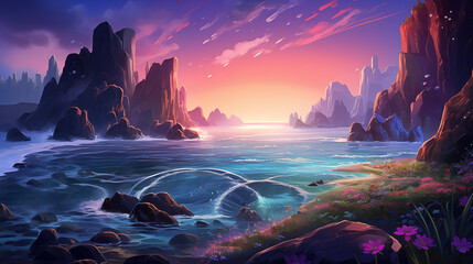 Wall Mural - Fantasy Sunset Seascape with Rocky Cliffs and Vibrant Flora