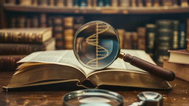 open book with a stack of books and a magnifying glass revealing a stylized dna model, symbolizing knowledge, science, and discovery intertwined.
