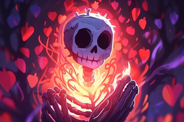Wall Mural - Closeup of a friendly skeleton with a glowing heart, radiating warmth, Cartoon Gouache Painting