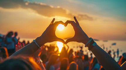 Wall Mural - Hands shape heart sign at sunset beach music fest, crowd enjoys live concert