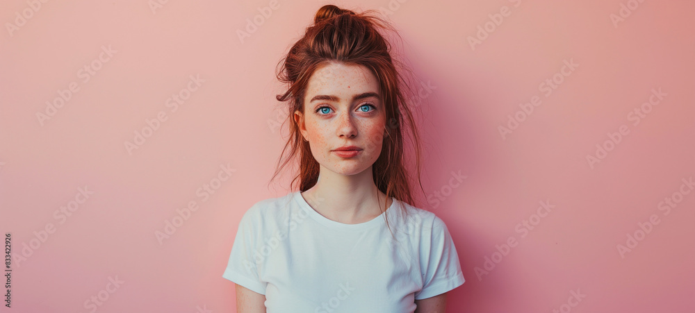 Beautiful young woman with striking blue eyes and red hair, wearing a ...