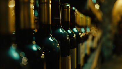 Wall Mural - Wine bottles in a dark room. Shelves with bottles of wine