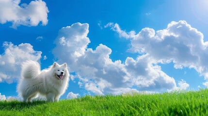 A majestic, fluffy, white samoyed dog with a curled tail, standing isolated on a lush green meadow against a bright blue sky with clouds.