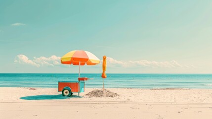 Wall Mural - A serene sun-kissed beach scene with colorful inflatables, a partially buried beach umbrella, and a refreshing ice cream cart, evoking joyful summer vibes.