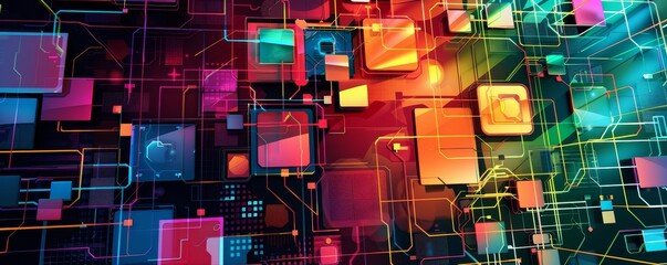 Wall Mural - Abstract digital technology background with colorful geometric shapes and futuristic connections, representing innovation and internet concepts.