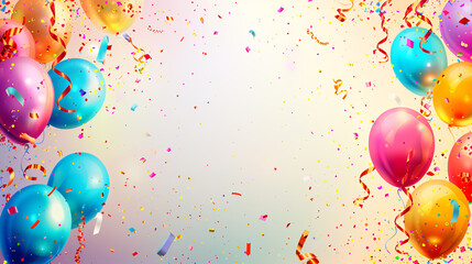 Wall Mural - A colorful background with many balloons and confetti. The balloons are in various colors and sizes, and the confetti is scattered all over the background. Scene is celebratory and festive