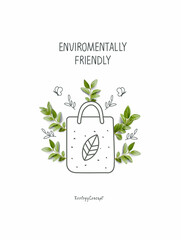 Wall Mural - Hand drawn cartoon sketch of biodegradable bag with green leaves. Zero waste and Sustainable lifestyle. Think Green. Plastic free Ecological poster.