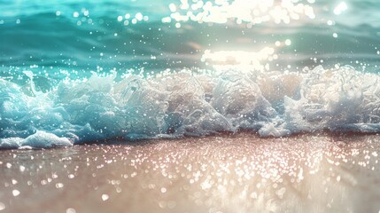 Wall Mural - Warm sandy beach with turquoise sea waves gently lapping at the shore, sparkling with sunlit highlights and soft, defocused background, evoking a serene summer atmosphere.