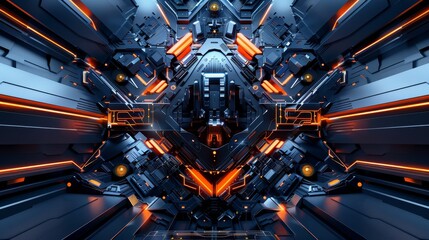 Futuristic sci-fi cyber technology abstract background with glowing neon blue and orange light effects and mechanical intricate design.