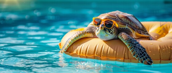 Wall Mural - Funny animal summer holiday vacation travel photography banner background - Sea turtle with sunglasses, lying on air mattress, relaxing chilling in the swimming pool water