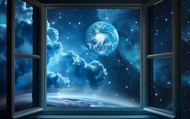 Ultra realistic earth inside window with blue space background Ultra-Realistic and Background Concept