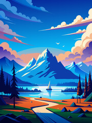 Poster - Serene Mountain Lake Landscape at Sunset with Vibrant Nature Scenery
