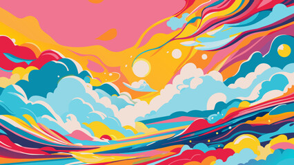 Wall Mural - Vibrant Abstract Landscape with Colorful Swirls and Whimsical Clouds