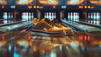 Wall Mural - A pair of shoes sitting on top of a bowling alley, suitable for use in sports or leisure related images