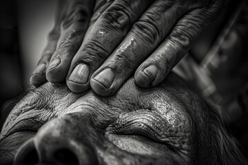 Wall Mural - A close-up image of two people with their faces near each other, one person's hand touching the other person's forehead